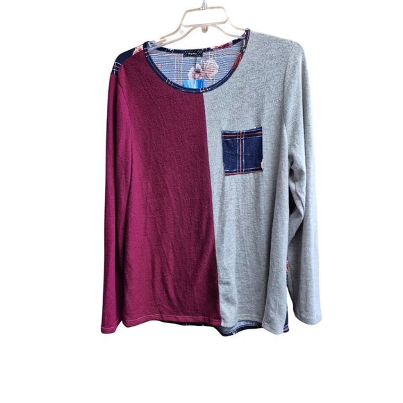 Color Block Long Sleeve T-Shirt With Floral Pocket 3X - Picture 2 of 9